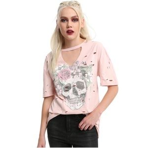Hot Topic Floral Skull Cutout Choker Tee